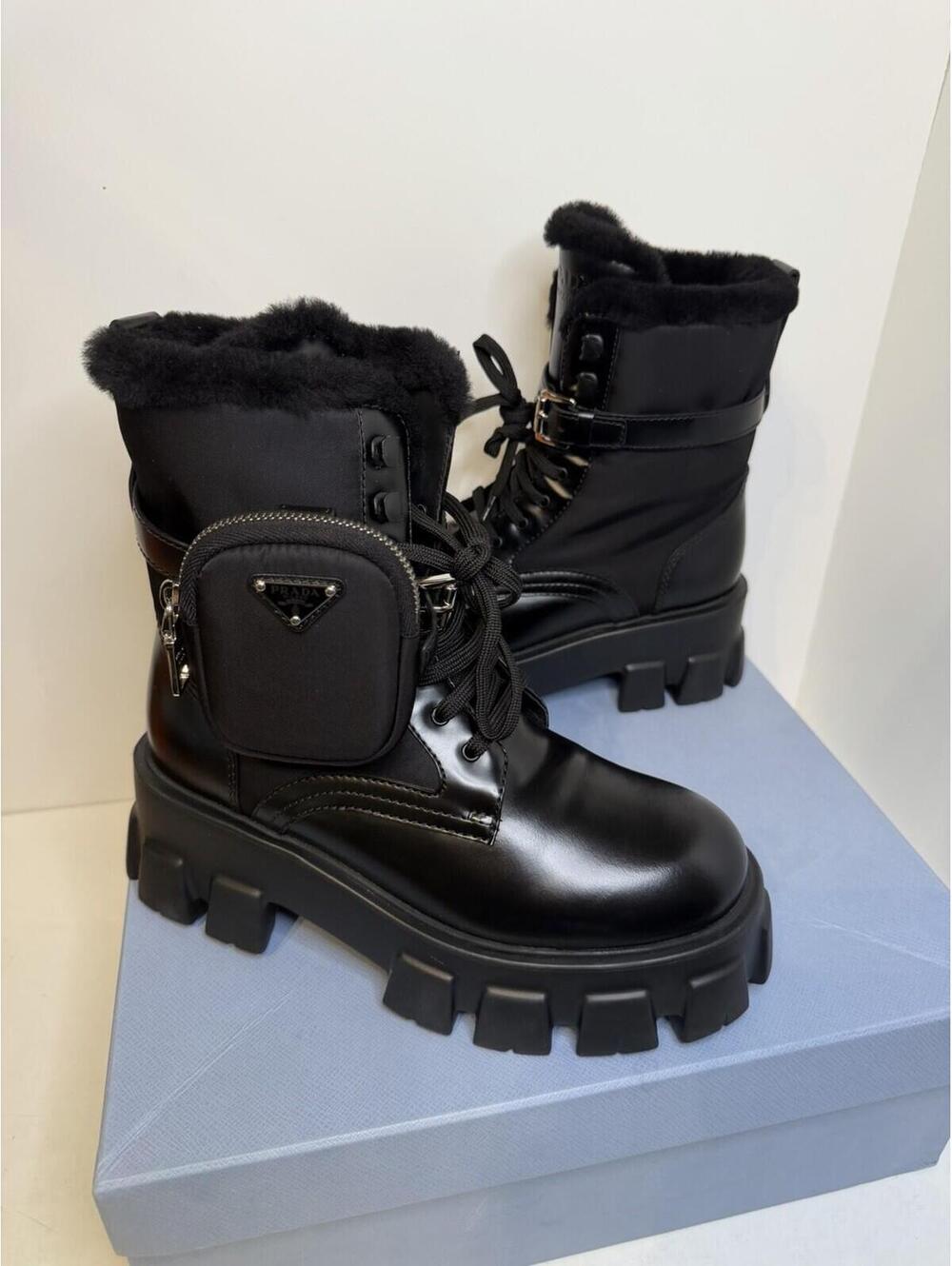 Prada Monolith Combat Boots Black Fur Pocket Women’s EU 37.5 US 7.5